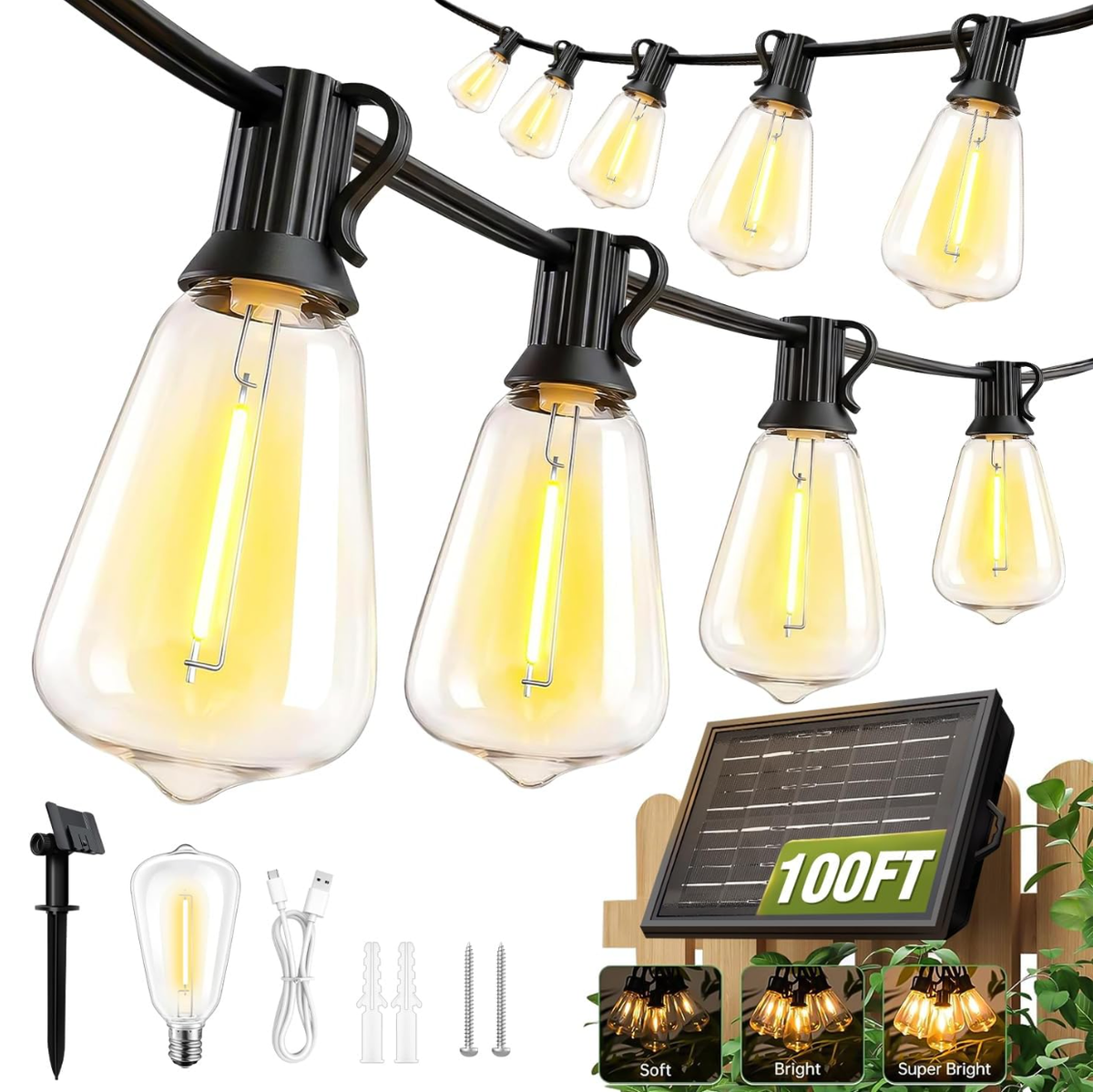 Solar Outdoor Edison String Lights – 5M 10 Bulbs / 10M 20 Bulbs