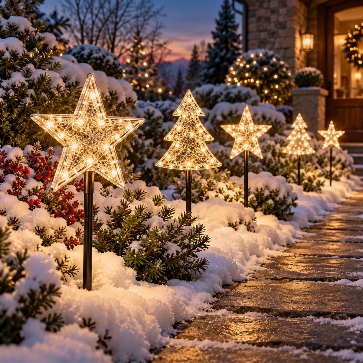 Warm white Christmas garden stake lights along a winter path