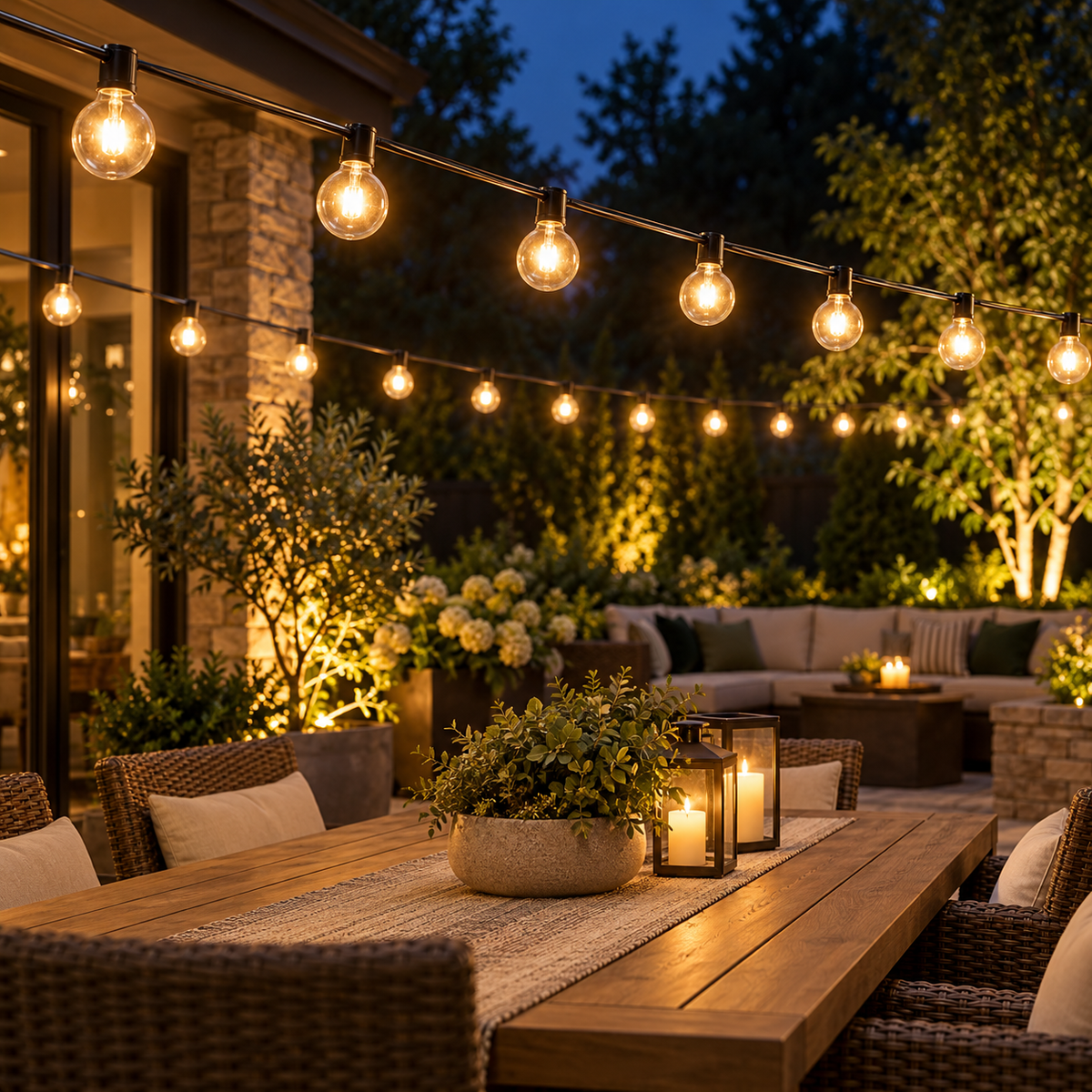 Vintage globe string lights over a garden patio