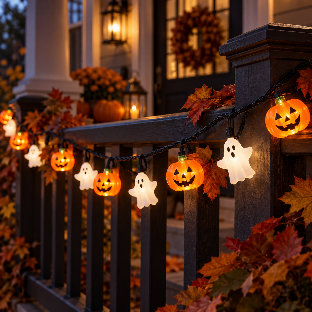 Pumpkin and ghost Halloween string lights on a porch