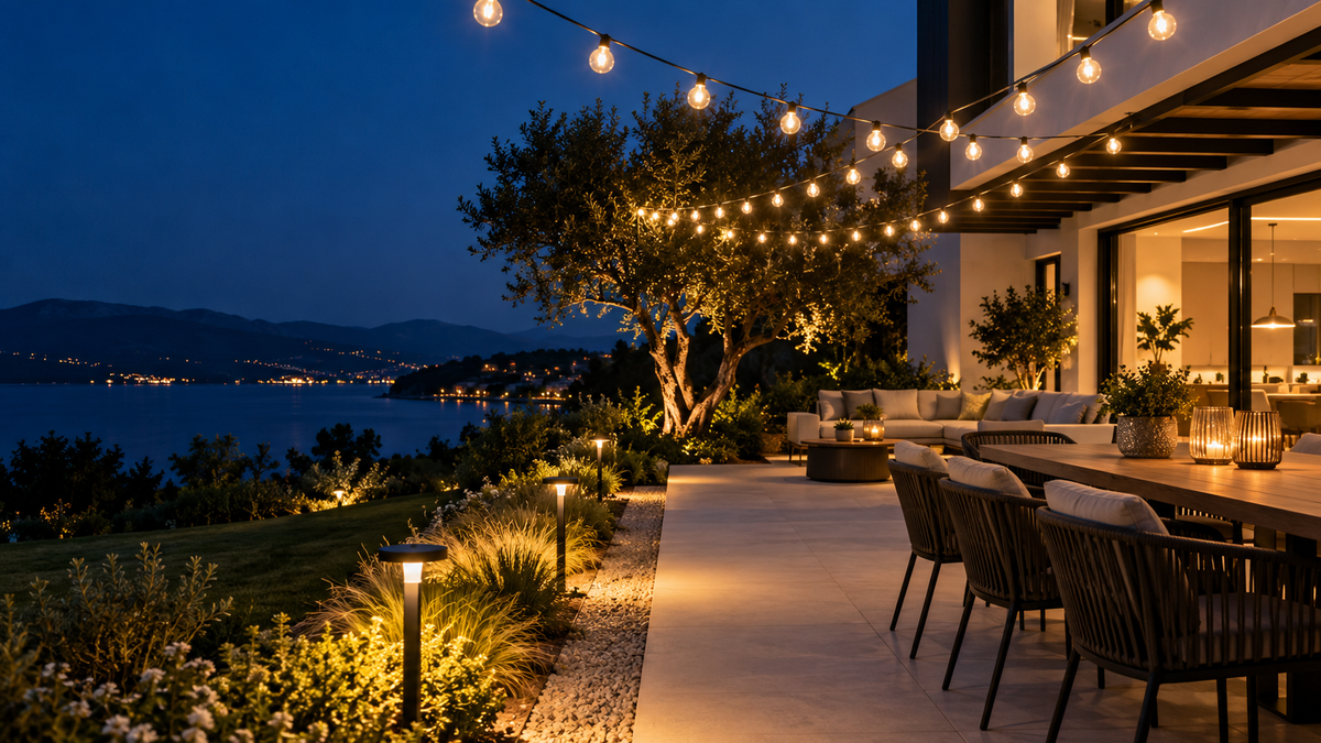 Outdoor patio illuminated by seasonal string and garden lights
