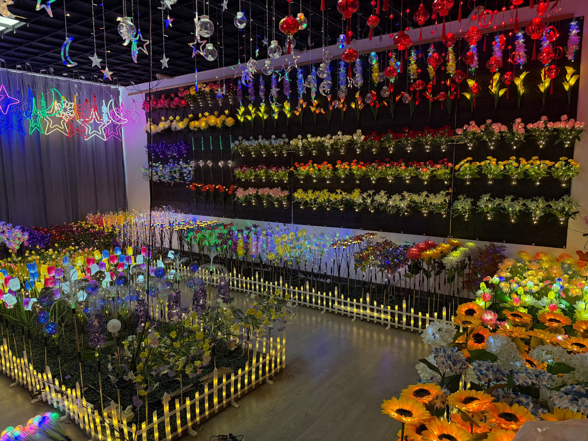 Colorful seasonal string lights and decorations on display